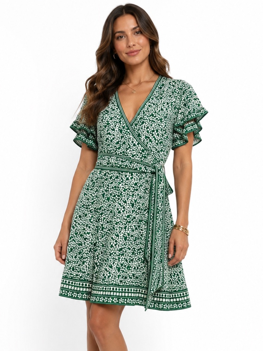 Max Studio Green Floral Faux Wrap Dress Flutter Sleeve NWT ⭐ Boho Cottagecore
